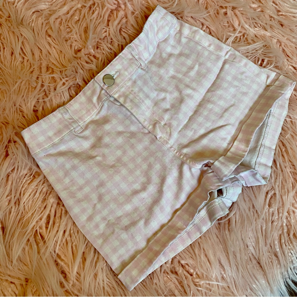 White Pink Checkered Cuffed Shorts